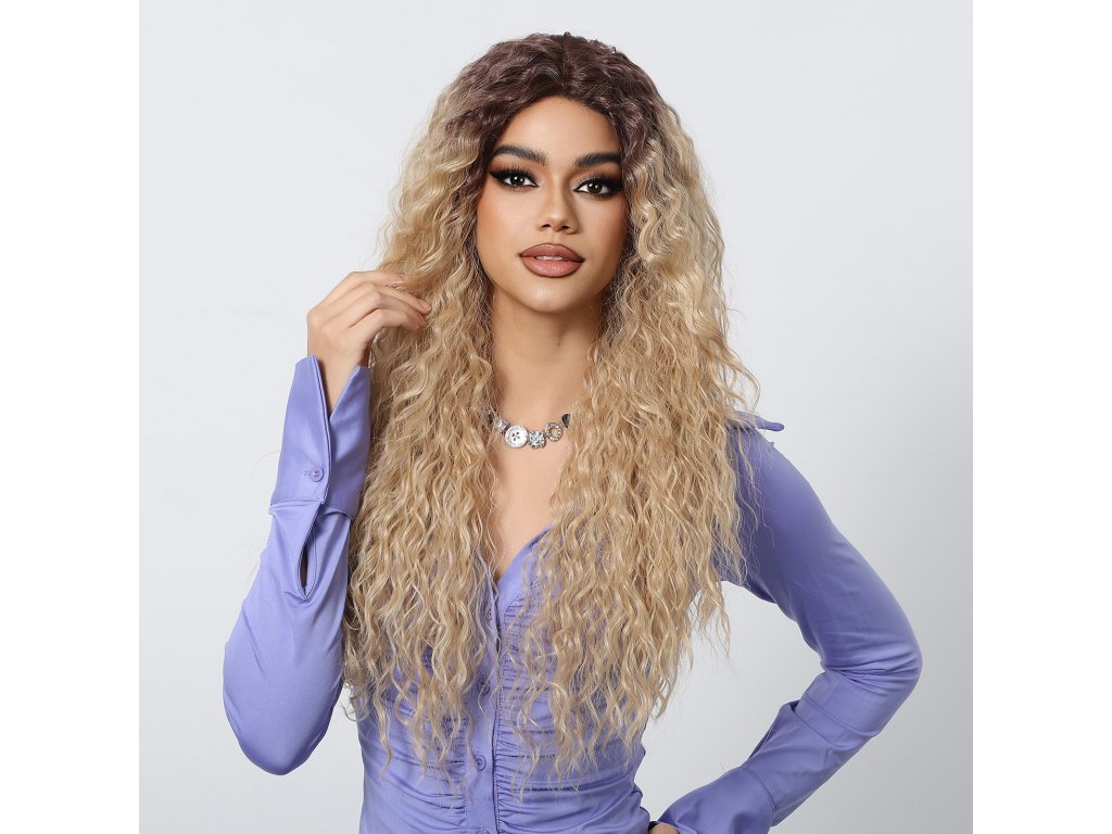 Dlouhá kudrnatá paruka Ariel ombré blond se síťkou (lace front)